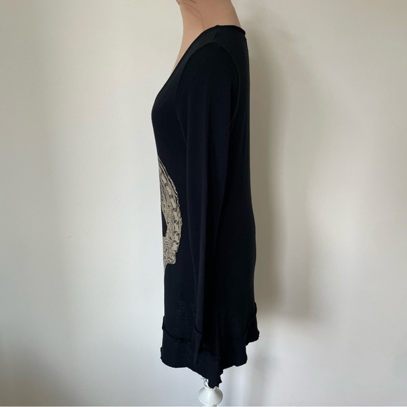 Lauren Moshi Chain Skull Graphic Long Sleeve Black Cotton Modal V-Neck Top Sz S - Picture 2 of 8